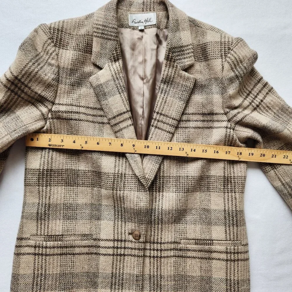Austin Hill Beige Brown Plaid 100% Wool Blazer Jacket Preppy Winter Work Office - Picture 11 of 12